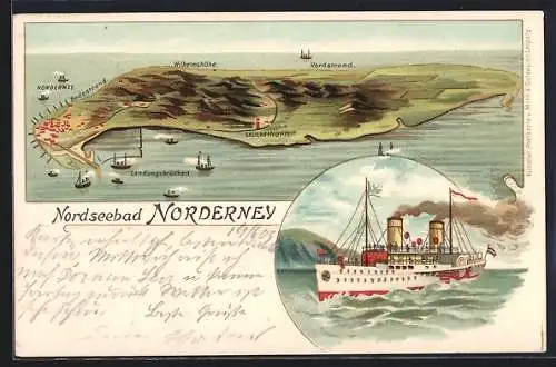 Lithographie Norderney, Insel aus der Vogelschau, Dampfer beim Hafen
