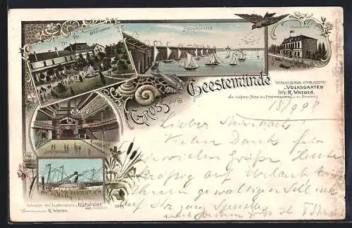 Lithographie Geestemünde, Restaurant Volksgarten, Conzertsaal, Kehrwieder