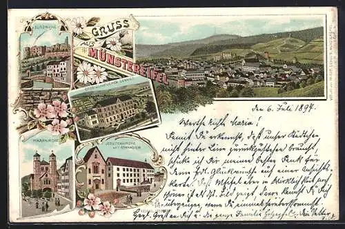 Lithographie Münstereifel, Burgruine, Pfarrkirche, Erzbischöfliches Convict