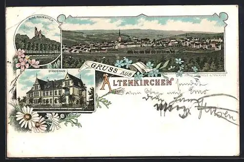 Lithographie Altenkirchen / Westerwald, Ständehaus, Ruine Reichenstein, Ortsansicht