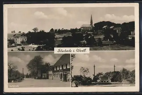 AK Silschede i. Westf., Ehrenmal, Dorfstrasse, Teilansicht mit Kirche