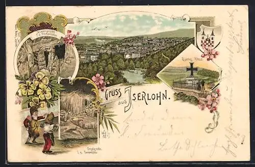 Lithographie Iserlohn, Orgelgrotte i. d. Dechenhöhle, Nixengrotte, Eisernes Kreuz