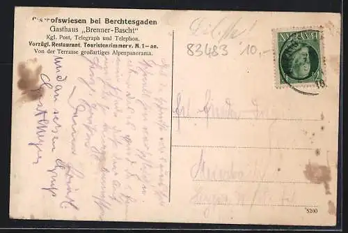 Künstler-AK Bischofswiesen, Gasthaus Brenner-Bascht, Totalansicht d. Umgebung