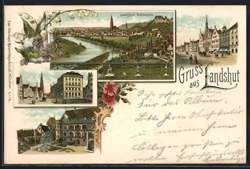 Lithographie Landshut / Isar, Strassenpartie im Zentrum, Panoramablick auf die Stadt