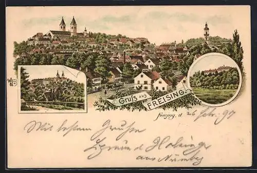 Lithographie Freising, Panoramablick auf die Stadt