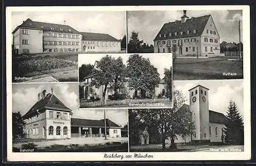 AK Neubiberg, Bahnhofs-Gasthof, Rathaus, Schule