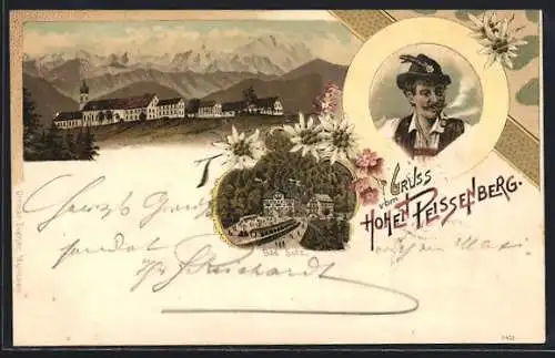 Lithographie Hohenpeissenberg, Bad Sulz, Portrait von einem Mann, Ortsansicht