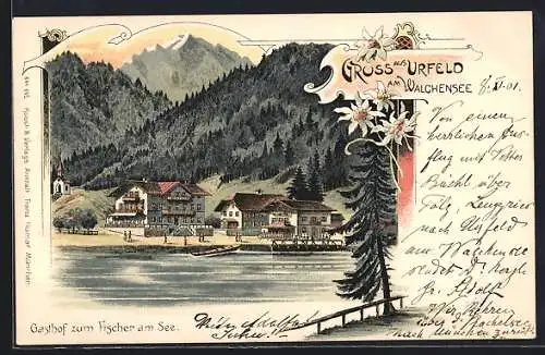 Lithographie Urfeld / Walchensee, Gasthof zum Fischer am See