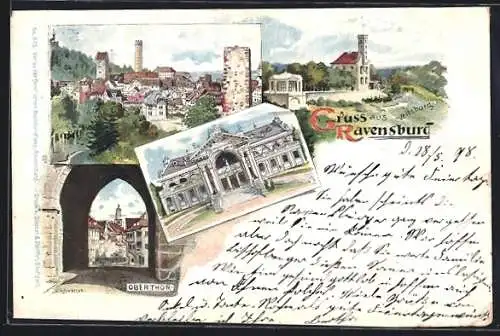 Lithographie Ravensburg, Veitsburg, Oberthor, Panorama