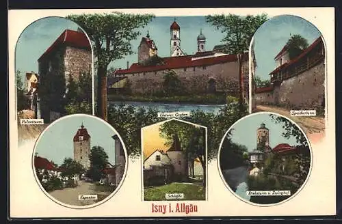 Künstler-AK Eugen Felle: Isny i. Allgäu, Pulverturm, Espantor, Unterer Graben, Diebsturm und Zwinghof, Speicherturm