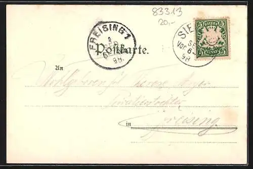Lithographie Siegsdorf, Hochfellnhaus mit Kreuz, Strassenpartie am Maria-Eck