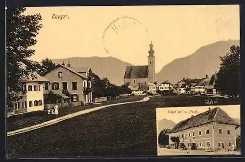 AK Anger / Högl, Gasthof zur Post, Strassenpartie mit Blick zur Kirche