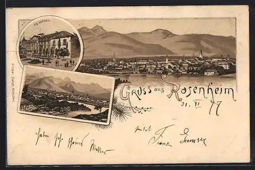 Lithographie Rosenheim, Totalansicht, Kaiserbad