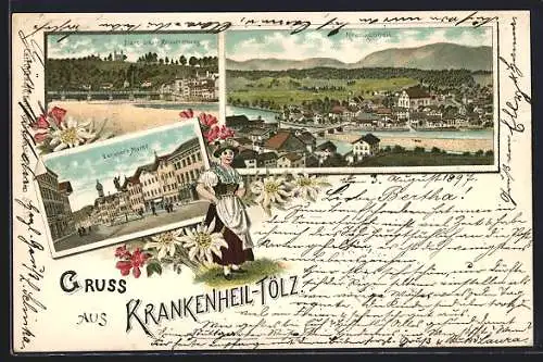 Lithographie Tölz, Oberer Markt, Isarbrücke und Kalvarienberg, Krankenheil