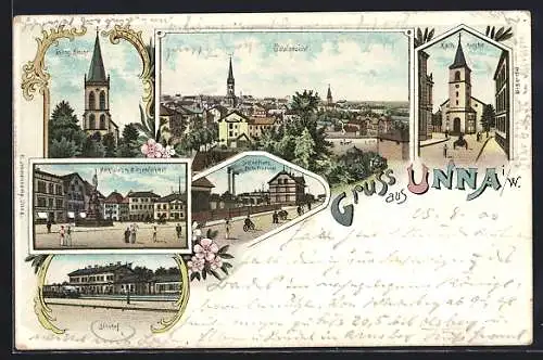 Lithographie Unna i. W., Schlachthaus und Zeche Friederike, Bahnhof, Marktplatz