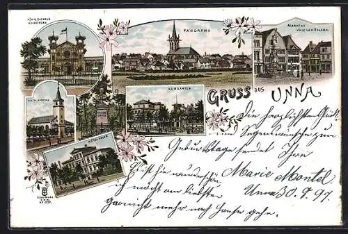 Lithographie Unna-Königsborn, Panorama, König Badhaus, Kurgarten, Hotel Adler