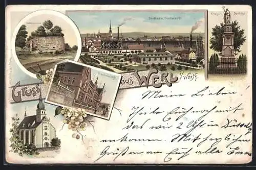 Lithographie Werl i. Westf., Schlossruine, St. Ursula-Stift, Kriegerdenkmal, Propstei-Kirche, Soolbad & Stadtansicht