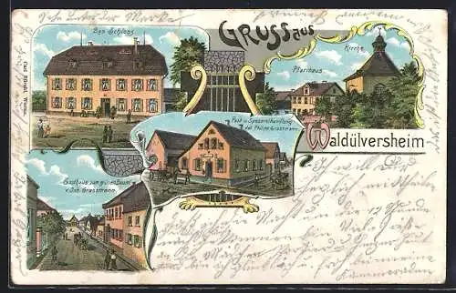 Lithographie Waldülversheim, Gasthaus zum grünen Baum, Post, Schloss, Pfarrhaus und Kirche