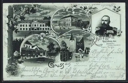 Mondschein-Lithographie Rastede, Hotel Rasteder Hof, Schloss, Kirche und Glockenturm