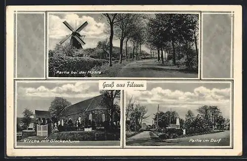 AK Filsum, Kirche mit Glockenturm, Mühle, Strassenpartie