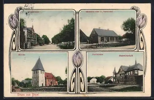 AK Bösel / Lüchow, Dorfstrasse mit Gastwirtschaft, Bäckerei von O. Vernickel, Kirche