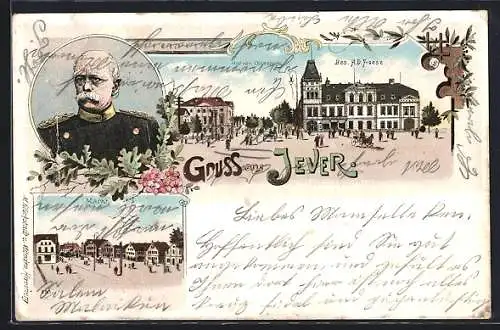 Lithographie Jever, Gasthof von Oldenburg, Markt, Otto von Bismarck