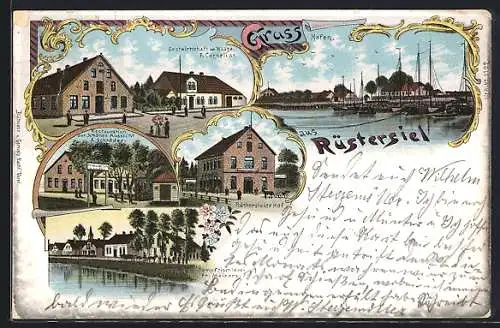 Lithographie Rüstersiel, Gasthaus zur schönen Aussicht, Gasthof zur Waage, Rüstersieler Hof