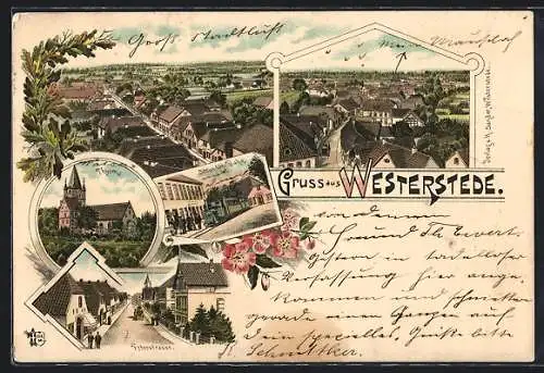 Lithographie Westerstede, Secundär-Bahn, Turm, Peterstrasse, Ortsansicht