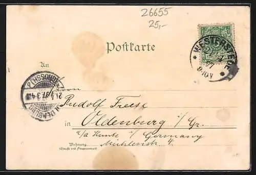 Lithographie Westerstede, Secundär-Bahn, Turm, Peterstrasse, Ortsansicht