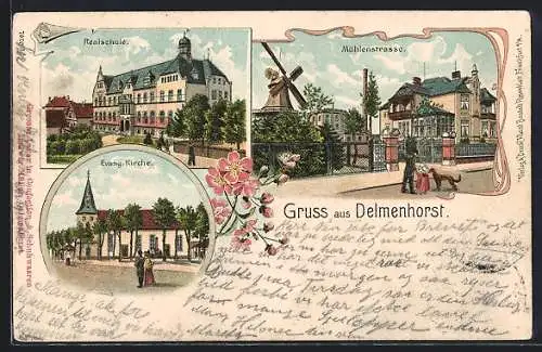 Lithographie Delmenhorst, Realschule, Mühlenstrasse mit Windmühle, Evang. Kirche