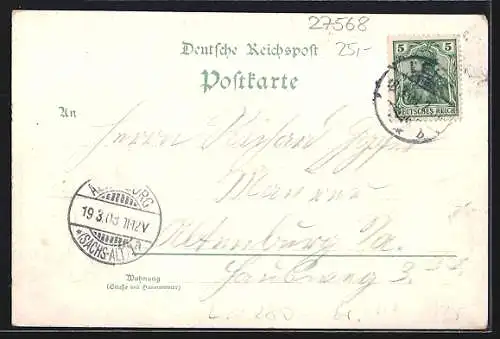 Lithographie Lehe / Wesermünde, Kaserne, Kirche, Post, Rathaus, Matrose mit Reichskriegsflagge