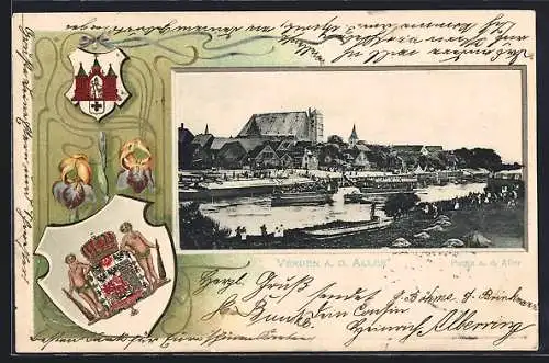 Passepartout-Lithographie Verden a. d. Aller, Dampfer auf der Aller, Wappen