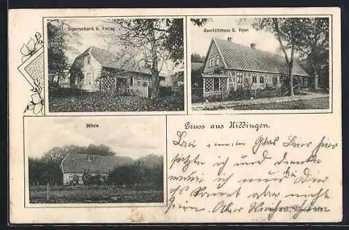 AK Visselhövede-Hiddingen, Cigarrenfabrik H. Freitag, Geschäftshaus G. Vajen, Schule