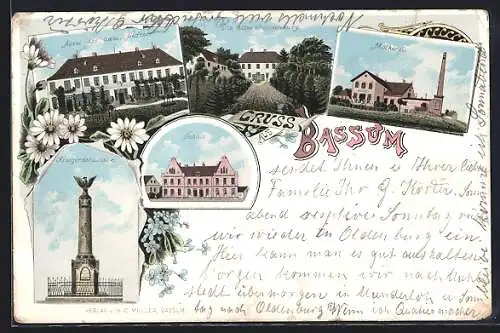 Lithographie Bassum, Molkerei, Abtei des adel. Stiftes, Kriegerdenkmal