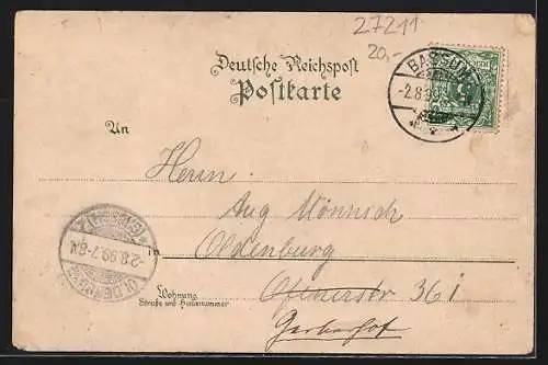 Lithographie Bassum, Molkerei, Abtei des adel. Stiftes, Kriegerdenkmal