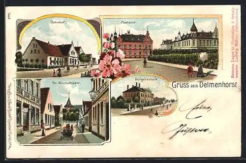Lithographie Delmenhorst, Bahnhof, Bürgerschule, Gr. Kirchstrasse