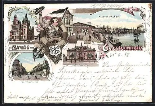 Lithographie Geestemünde, Fischereihafen mit Dampfer, Borriesstrasse, Landrathsamt