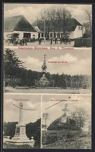 AK Bilschau, Gasthaus von J. Thomsen, Denkmal am Wald