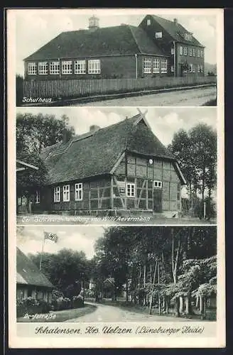 AK Schatensen /Krs. Uelzen, Gemischtwarenhandlung Willi Aevermann, Dorfstrasse mit , Schulhaus
