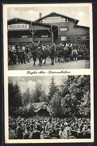 AK Deisenhofen / Gleisenthal, Gastwirtschaft Kugler-Alm mit Gartenlokal, Pferdewagen mit Fässern