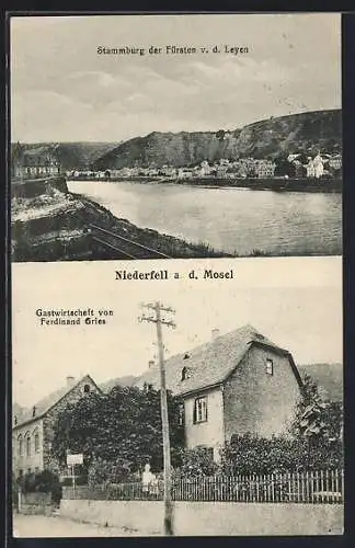 AK Niederfell, Gasthaus von F. Gries, Stammburg der Fürsten v. d. Leyen