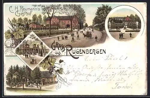 Lithographie Rugenbergen, Reumanns Gasthof mit Strasse und Garten