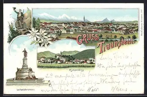 Lithographie Traunstein, Luitpoldbrunnen, Totalansicht von Ruhpolding, Gesamtansicht