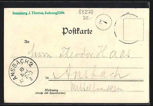 Lithographie Traunstein, Luitpoldbrunnen, Totalansicht von Ruhpolding, Gesamtansicht