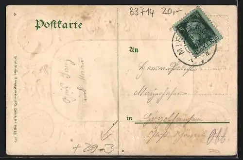 Passepartout-Lithographie Miesbach, Totalansicht gegen die Berge, Menschen in Tracht