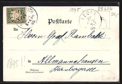 Vorläufer-Lithographie Tegernsee, 1895, Totalansicht am Wasser, Bergsteiger und Sennerin im Passepartout