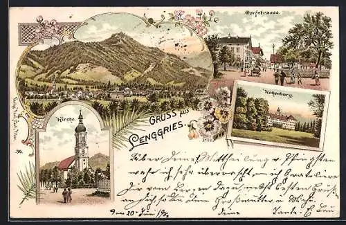 Lithographie Lenggries, Dorfstrasse, Kirche, Hohenburg