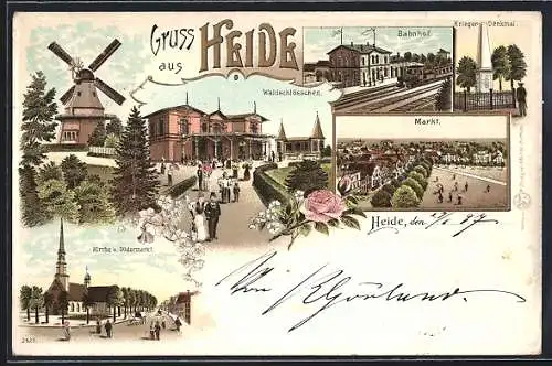 Lithographie Heide / Holstein, Gasthaus Waldschlösschen, Bahnhof, Kirche u. Südermarkt