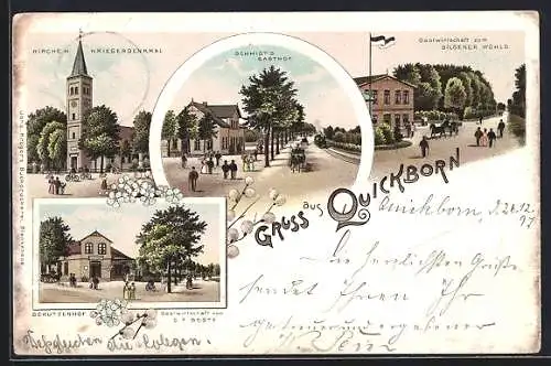 Lithographie Quickborn / Holstein, Schmidt`s Gasthof, Gasthaus zum Bilsener Wohld, Gasthof Schützenhof v. C. F. Beste