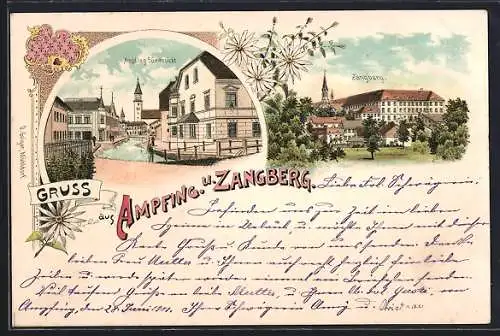 Lithographie Ampfing, Ortsansicht am Kanal und Kloster Zangberg
